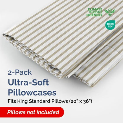 King Standard Pillow Cases - Ultra-Soft Hotel Quality Covers | 2-Piece Set in Beige Stripes - Wrinkle Resistant & Machine Washable
