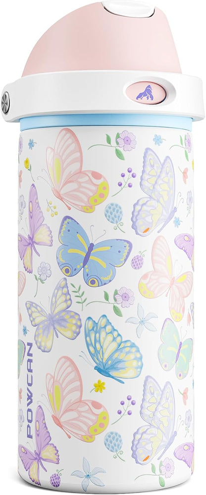 POWCAN 18 oz Insulated Water Bottle - 2-in-1 Push-Button Spout & Quick-Flip Straw Lid | Leakproof, Cold for 24 Hours, Fits Car Cup Holder, Stainless Steel (Butterfly Garden)