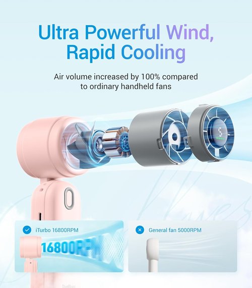 Diveblues Handheld Turbo Fan - USB Rechargeable Portable Pocket Fan for Travel & Outdoor (Pink)