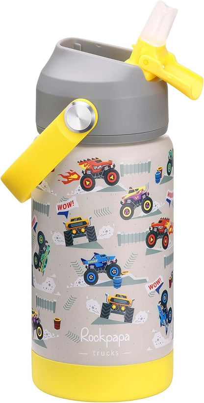 Rockpapa 14 Oz Kids Insulated Water Bottle - Stainless Steel, BPA-Free, Leak-Proof | Grey Trucks Design