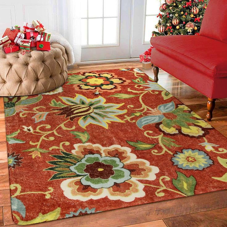 Coral Paisley 4x6 Washable Area Rug - Non-Slip Red Fall Carpet for Living Room
