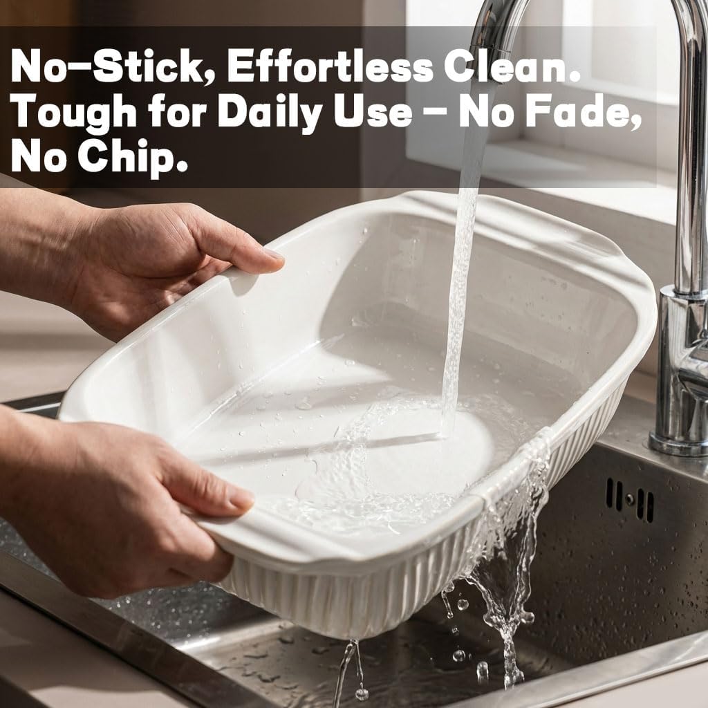 Artena Baking Dish - 5.1 Quart Casserole Dish with Handles | Deep Rectangular White Ceramic Bakeware