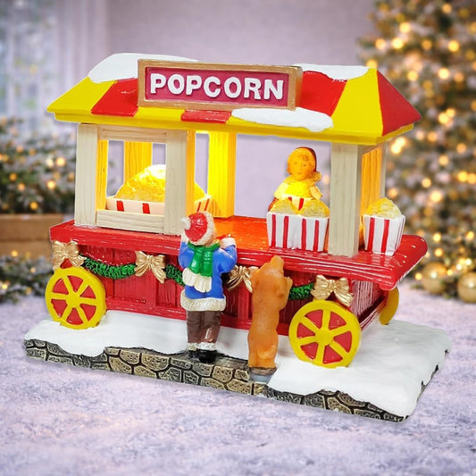 Moments In Time Popcorn Wagon | LED Lighted Festive Vendor Cart - Handcrafted Holiday Decoration
