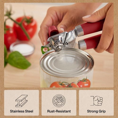 GORILLA GRIP Heavy Duty Can Opener - Smooth Edge, Comfortable Handle, Oversized Knob | Red