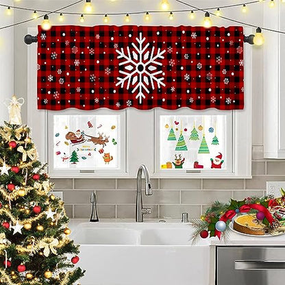 Snowflake Christmas Valance Curtain for Kitchen Window - Red Black Buffalo Check Plaid - 18x54 Inch - Pack of 1