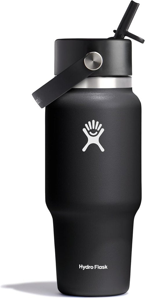 Hydro Flask Travel Water Bottle - Insulated Stainless Steel - Leakproof 24 Oz Black with Wide Straw Lid