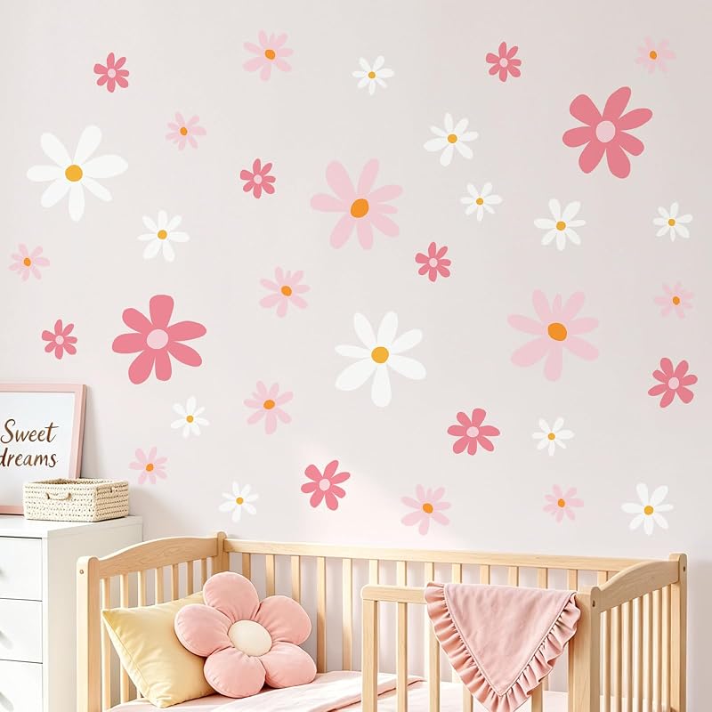 9 Sheets Pink and White Daisy Flower Wall Decals for Girls Bedroom - Variation: Pink and White
