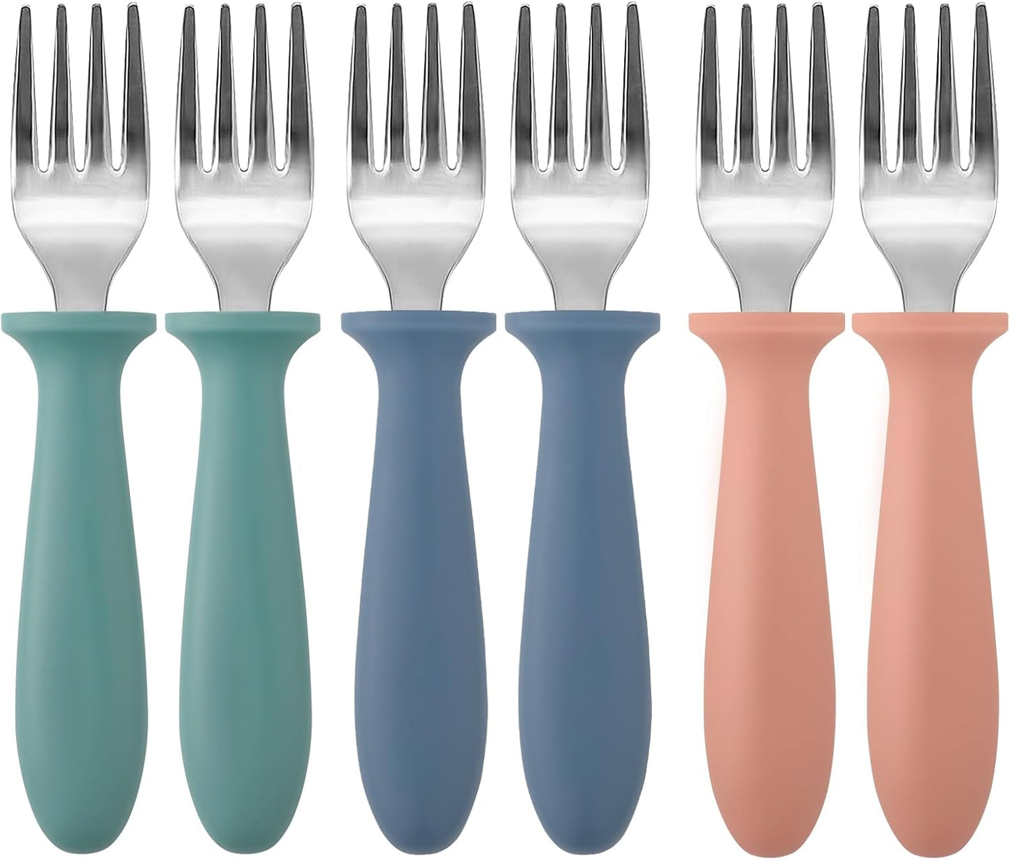 Pimoys 6-Pack Stainless Steel Toddler Forks - Safe Self-Feeding Utensils with Plastic Handles