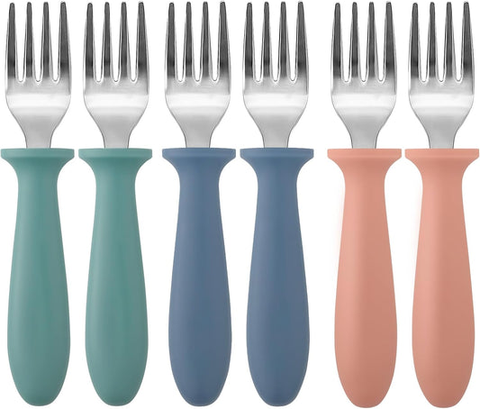 Pimoys 6-Pack Stainless Steel Toddler Forks - Safe Self-Feeding Utensils with Plastic Handles