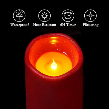 Red Burgundy Outdoor Flameless Candles with Remote, 4x10, Set of 2 (IPX5 Waterproof)