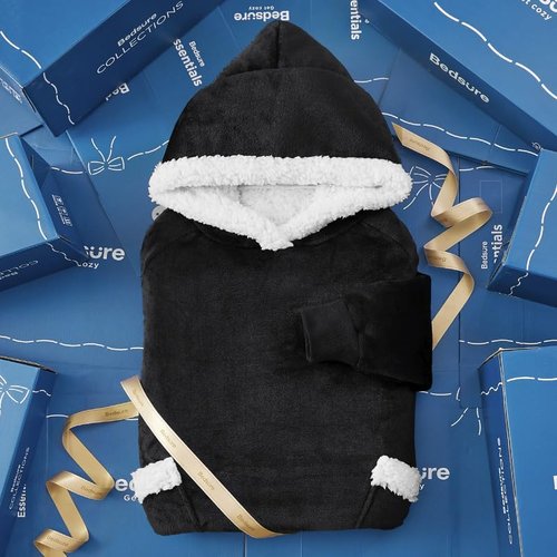 Bedsure Wearable Blanket Hoodie - Cozy Sherpa Sweatshirt for Adults | Perfect Birthday Gift, Black