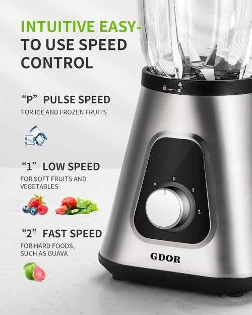 GDOR 1200W Blender - Smoothies & Shakes with 52 Oz Glass Jar & 22 Oz To-Go Cup | 6-Leaf Blade & Self-Cleaning