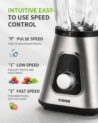 GDOR 1200W Blender - Smoothies & Shakes with 52 Oz Glass Jar & 22 Oz To-Go Cup | 6-Leaf Blade & Self-Cleaning