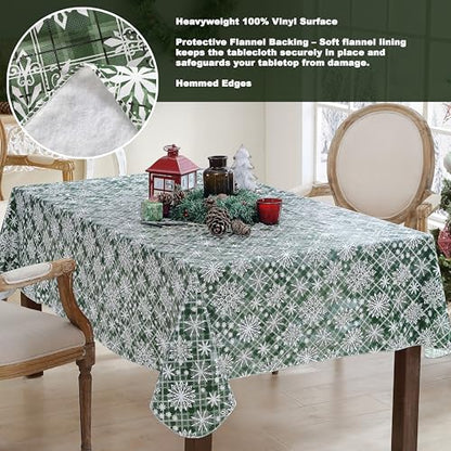 Christmas Green Snowflake Vinyl Tablecloth 60x102 Inch Rectangular Snowfall Variation
