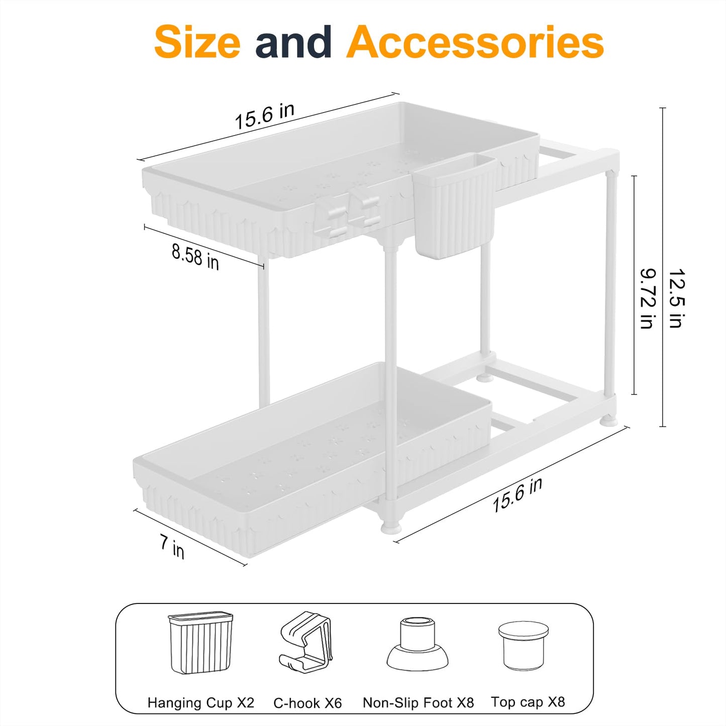 Sevenblue 2 Pack Double Sliding Under Sink Organizers and Storage, 2 Tier Under Bathroom Cabinet Shelf Organizer with Hooks Hanging Cup, Home Organization, White