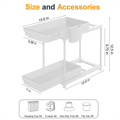 Sevenblue 2 Pack Double Sliding Under Sink Organizers and Storage, 2 Tier Under Bathroom Cabinet Shelf Organizer with Hooks Hanging Cup, Home Organization, White