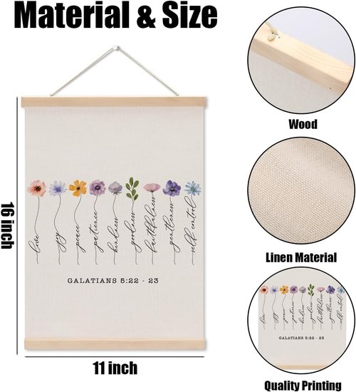 Fruit of the Spirit Wall Art | Boho Floral Christian Bible Verses Poster Hanger - Wooden Frame for Home Decor