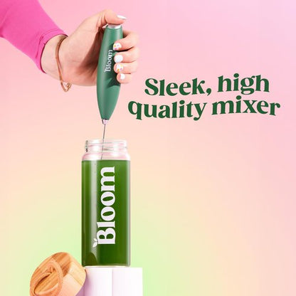 Bloom Nutrition Milk Frother, Hand Mixer, Electric, Handheld Drink Stirrer, Frothing Wand, Foam Maker for Coffee, Matcha, Protein, Greens, Stainless Steel, Battery Operated, Includes Whisk Stand