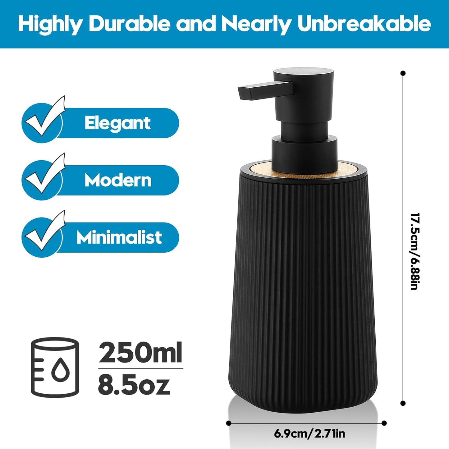 Skiennix Soap Dispenser - Modern Farmhouse Striped Design | Plastic Hand Soap Holder with Bamboo Accent - Black