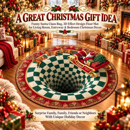 Christmas 3D Optical Illusion Rug - Santa Claus Holiday Decor, Round Non-Slip Mat (D)