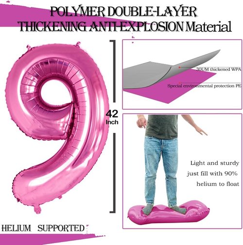 GOER Number 9 Balloons - Hot Pink Foil Party Decorations | 3 Pack, 42 Inch, 32 Inch, 16 Inch