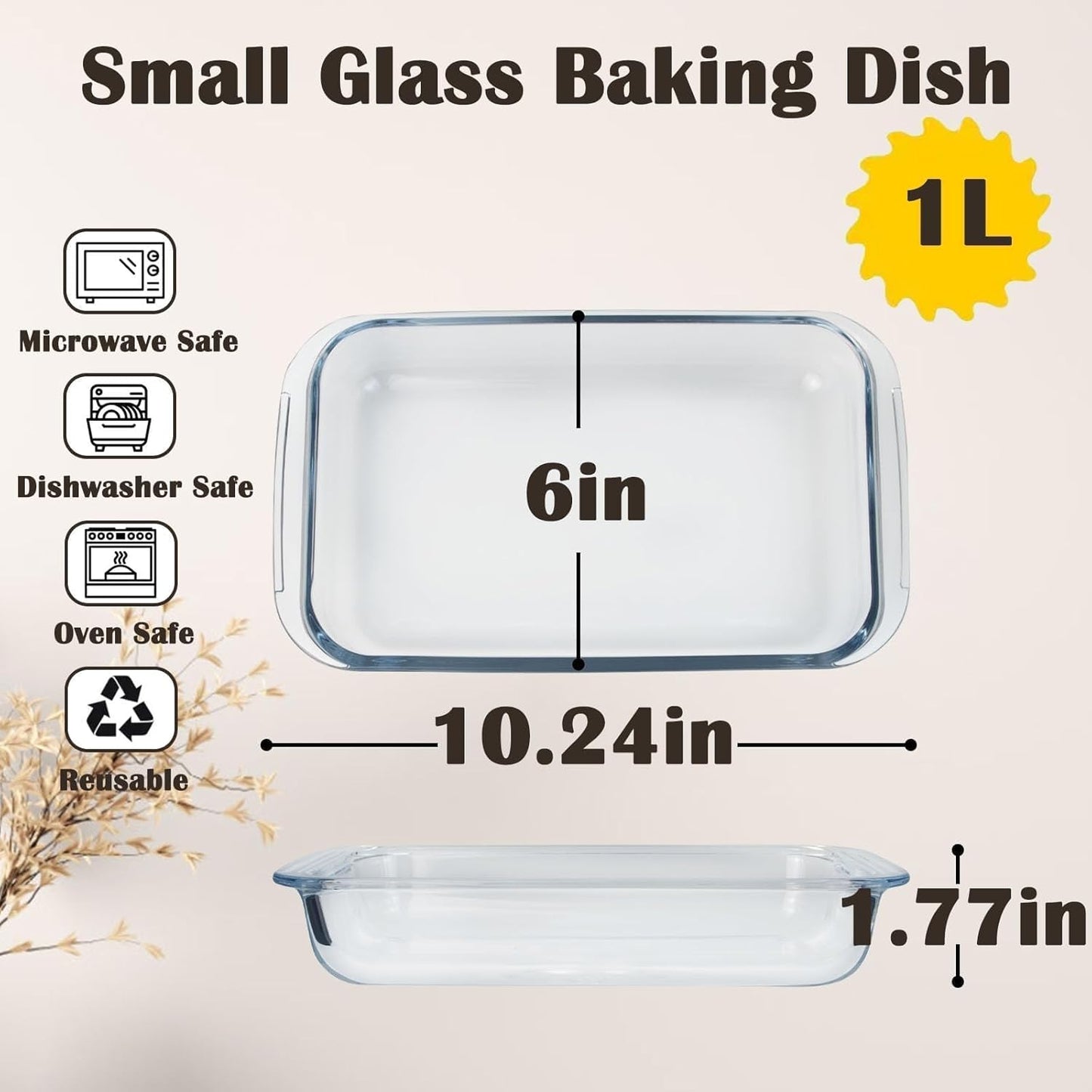 Regine Switzerland Small Glass Baking Dish - 1L Casserole Pan for Oven | 10x6 Size