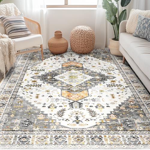 BESTSWEETIE Area Rug 8x10 Rugs for Living Room 8 x 10 Washable Rugs Non Slip Vintage Boho Living Room Rugs for Bedroom Dining Room, Distressed Pattern Carpet, Grey Brown Neutral