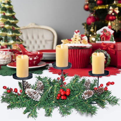 Regine Switzerland Christmas Table Centerpiece - 3 Candle Holders with Red Berries & Pine Cones | Holiday Home Decor