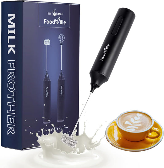 MF05 Rechargeable Milk Frother - USB Handheld Foam Maker with Stainless Whisk for Cappuccino & Latte (Black)