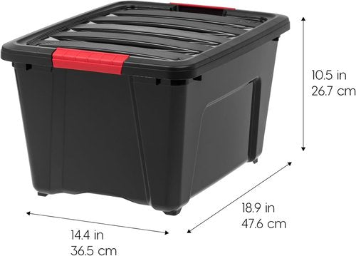IRIS USA Plastic Storage Box with Lid & Latches - 30L (32 QT) - Durable, BPA-Free, Black | 4 Pack