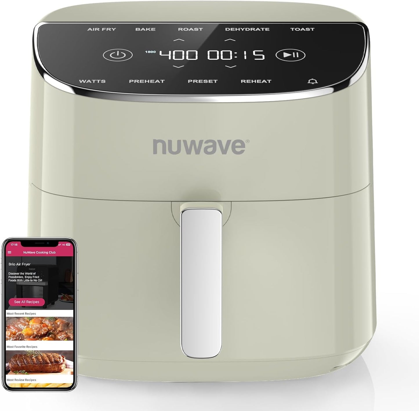 Nuwave Brio Plus Air Fryer - 8 Qt, PFAS-Free, 7 Digital Functions, 150 Presets, Cream Color