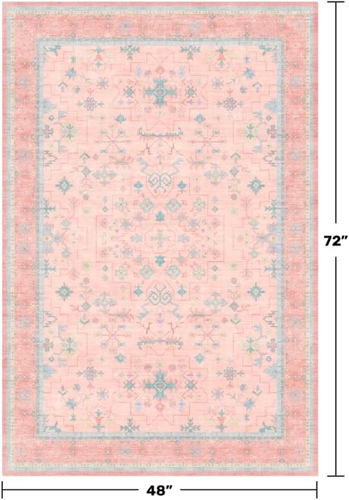 Hazo Haus Nursery Area Rug 4x6 - Charming Pink Boho Vintage Design | Washable Non-Slip for Kids Rooms