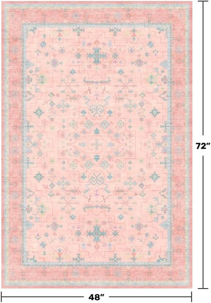 Hazo Haus Nursery Area Rug 4x6 - Charming Pink Boho Vintage Design | Washable Non-Slip for Kids Rooms