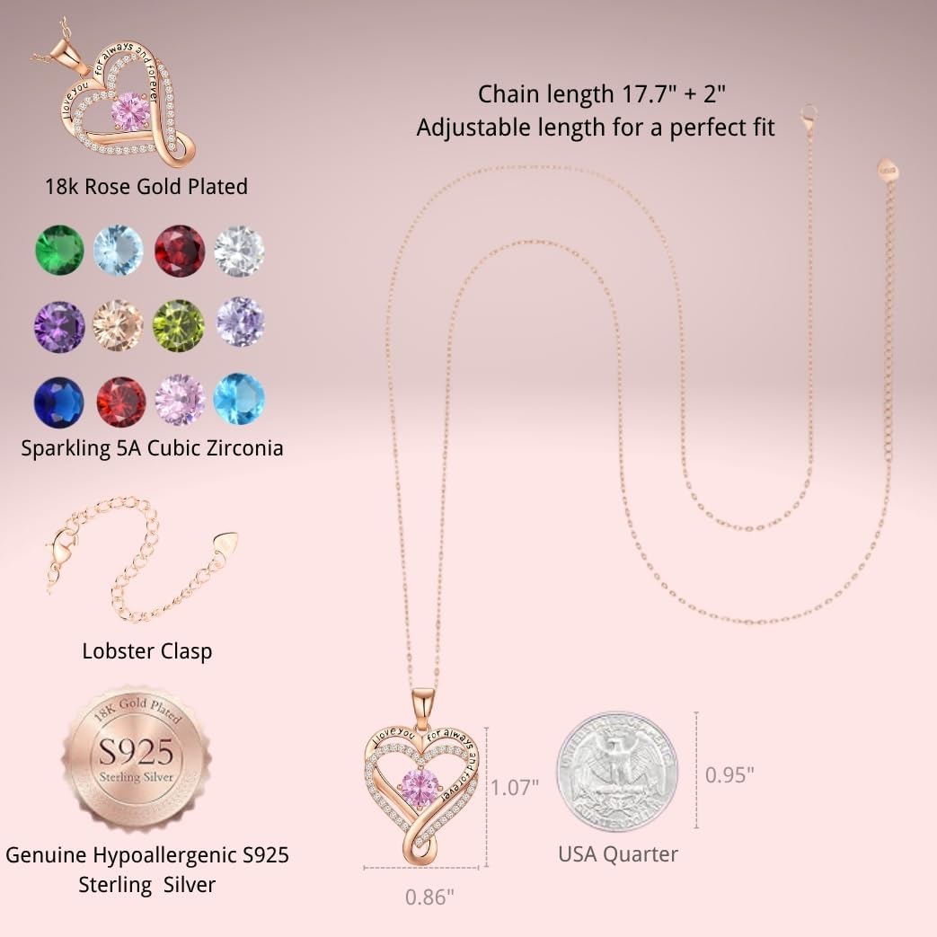 Skiennix Infinity Necklace - S925 Sterling Silver Rose Gold Birthstone Pendant Jewelry Gift for Women