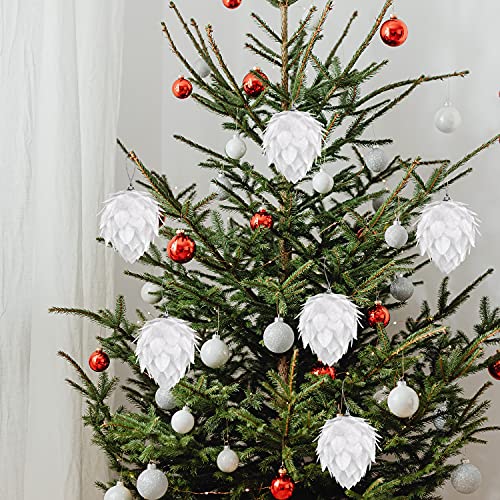Set of 4 White Christmas Tree Ornaments - Pinecone & Glitter Decor