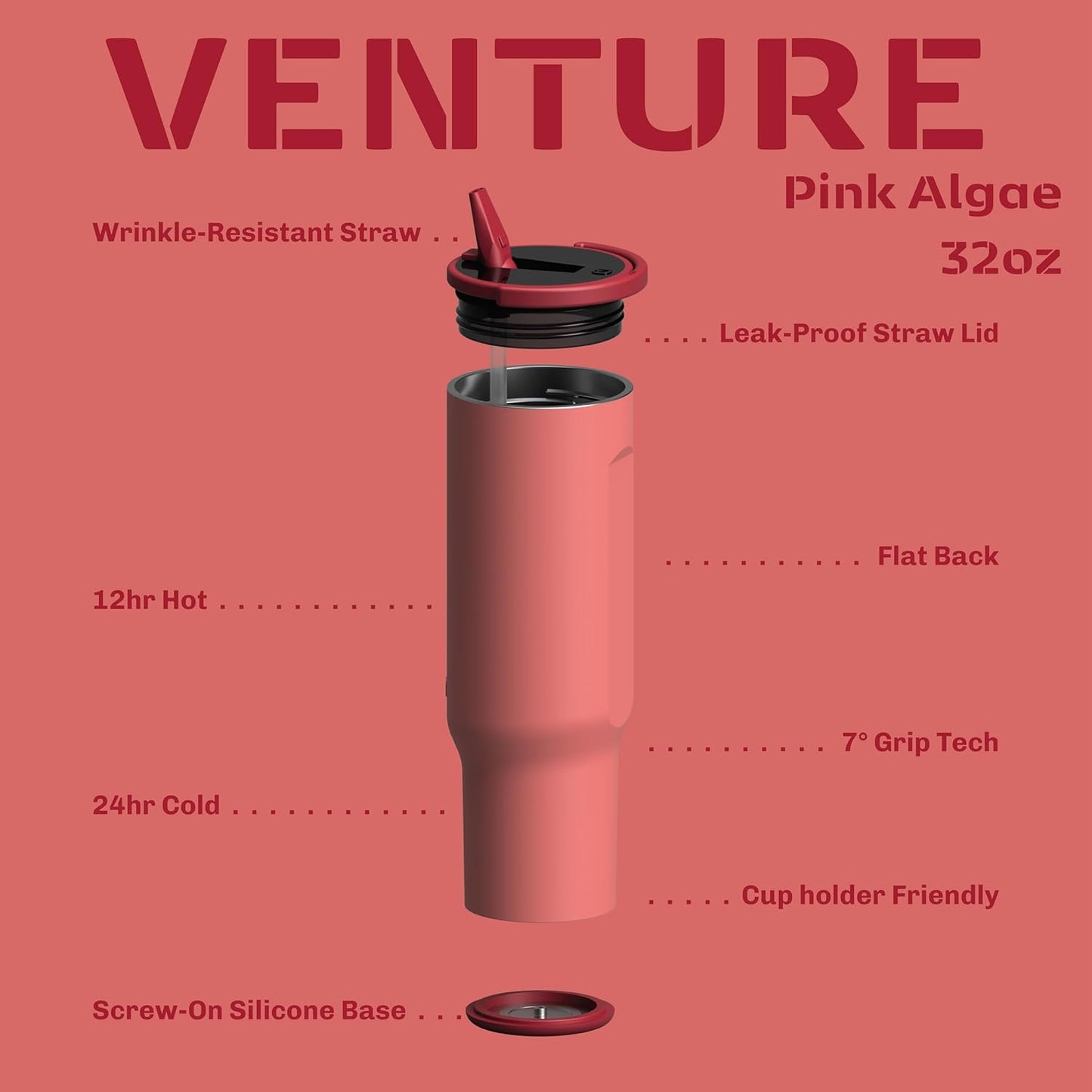 Zylo 32oz Stainless Steel Water Bottle - Insulated Tumbler with Leak-Proof Lid & Straw - Pink Algae