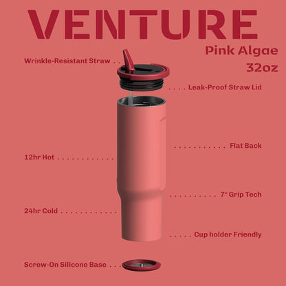 Zylo 32oz Stainless Steel Water Bottle - Insulated Tumbler with Leak-Proof Lid & Straw - Pink Algae