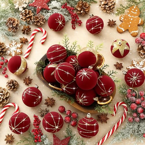 Namalu Red Velvet Glitter Christmas Balls Set - Shatterproof Holiday Ornaments