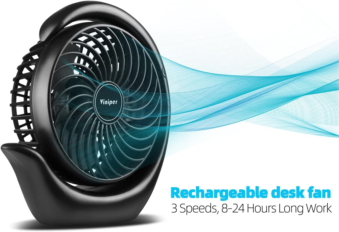 Viniper Portable Rechargeable Fan - Compact 3-Speed Desk Fan with 180° Rotation | 8-24 Hours Battery Life (Black)
