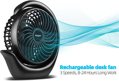 Viniper Portable Rechargeable Fan - Compact 3-Speed Desk Fan with 180° Rotation | 8-24 Hours Battery Life (Black)