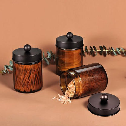 Amber Glass Qtip Holder - Apothecary Jar Set with Brown Metal Lid | Bathroom Storage Organizer (3 Pack, Bronze)