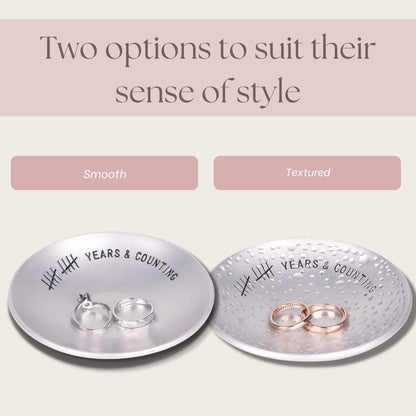 PureRejuva 10th Anniversary Tin Gifts - 4 In. Engraved Aluminum Wedding Ring Holder Dish & Gift Box - 10 Year Anniversary for Him & Her Textured Style