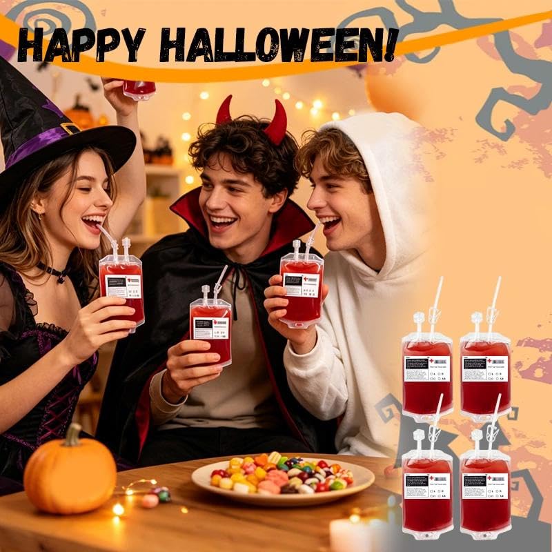 Halloween Blood Bags for Drinks 4 Pack with Syringe & Clips Set