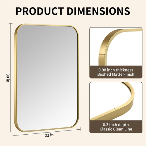 CLBA Gold Bathroom Mirror, 22x30 Inch Aluminum Frame Rectangle Mirror, Anti-Rust, Tempered Glass, Wall Mirror for Over Sink, Vanity, Bedroom, Entryway, Horizontal/Vertical