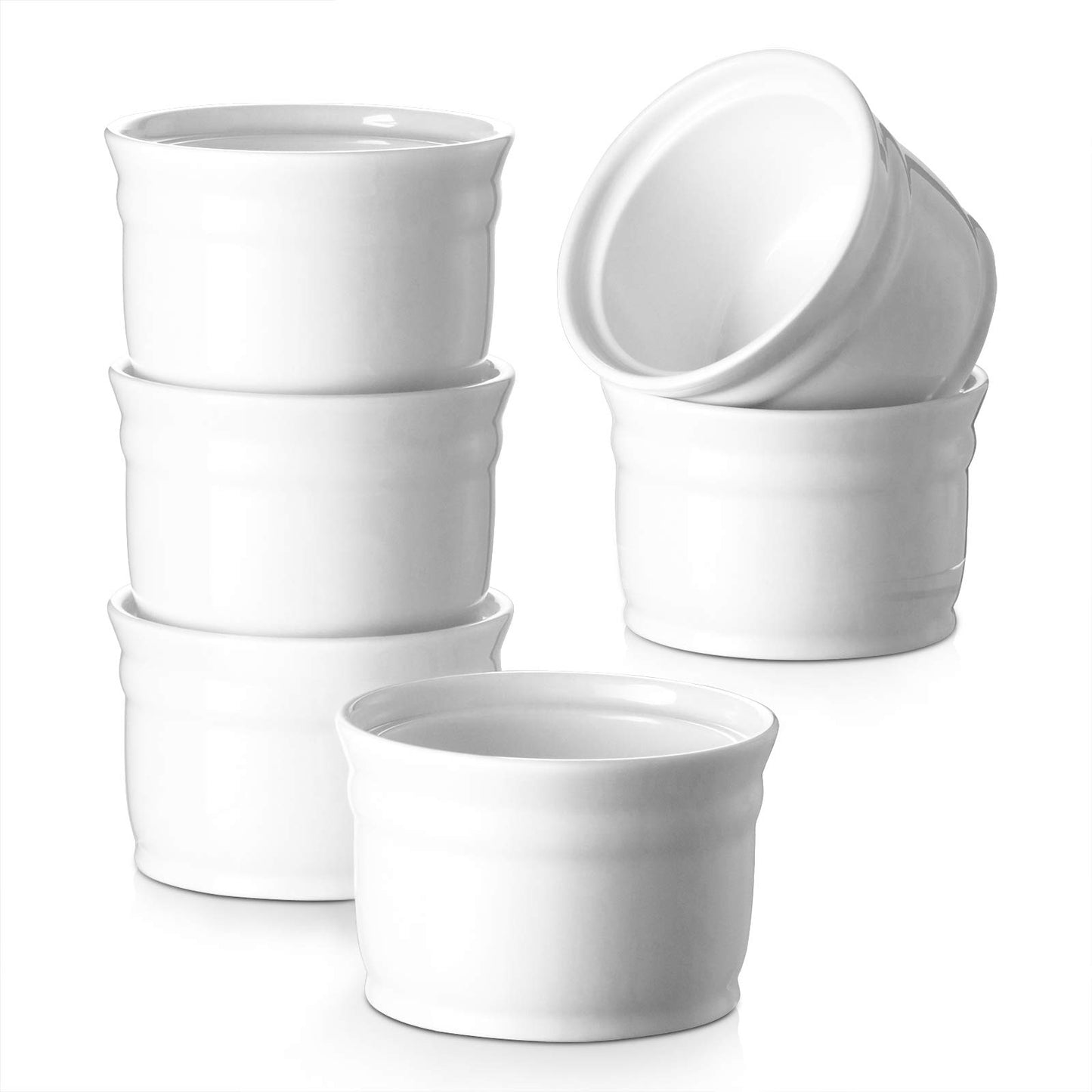 DOWAN Ramekins 6 oz Oven Safe, White Ramekins Set of 6, Porcelain Ramekins for Creme Brulee, Souffle Dishes Custard Cups Dessert Small Bowls for Pudding, Ramekins for Baking