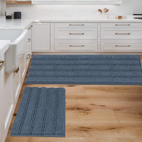 H.VERSAILTEX Bathroom Rug Sets 2 Piece Bath Mats Non Slip Thick Soft Chenille Striped Bath Rug achine Washable Shower Floor Rugs for Tub, Shower and Floor (Blue Indigo, 47" x 17"/17" x 24")