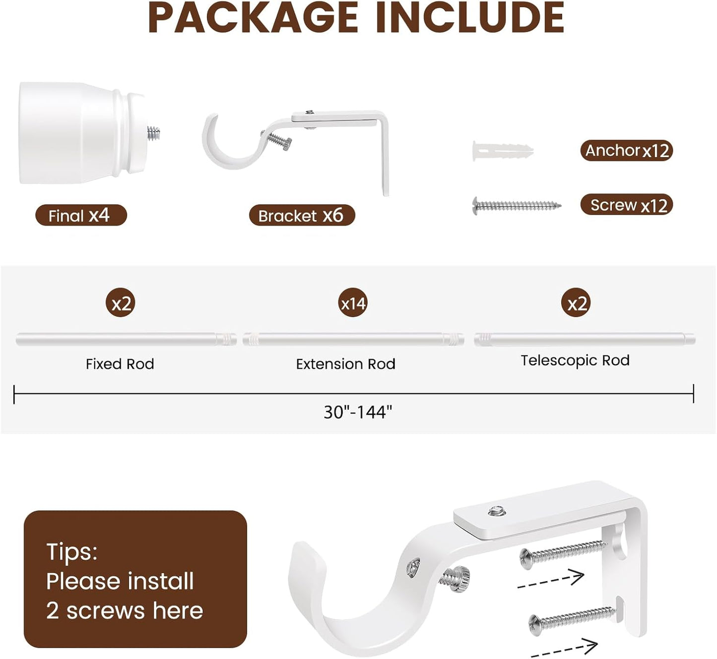 Skiennix Adjustable Curtain Rods - Heavy Duty 1” Diameter | 30 to 144 Inch, Matte White, 2 Pack