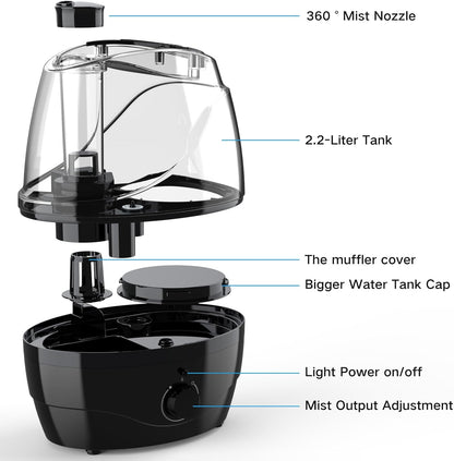 Skiennix Cool Mist Humidifier - 2.2L Capacity for Bedrooms & Large Rooms | 30-Hour Whisper-Quiet Operation, 360° Adjustable Nozzle, BPA-Free