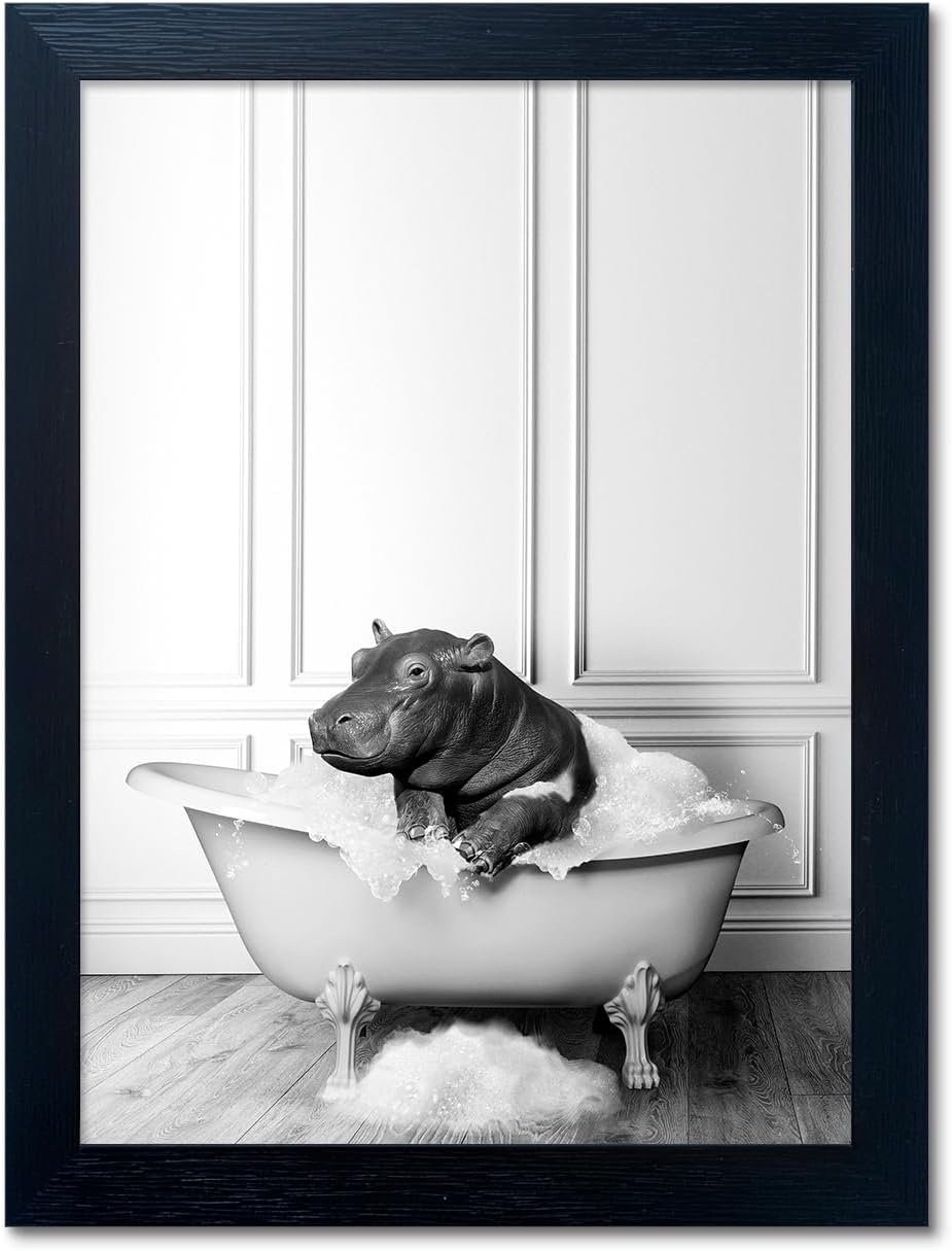 Skiennix Framed Bathroom Decor - Cute Black and White Hippo in Bathtub Canvas Print | Wall Art for Home