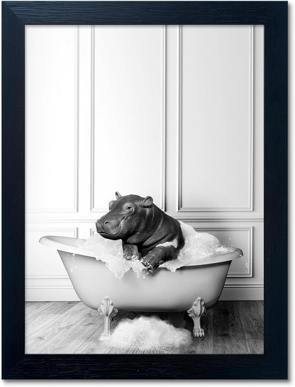 Skiennix Framed Bathroom Decor - Cute Black and White Hippo in Bathtub Canvas Print | Wall Art for Home